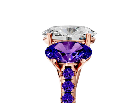 Rose gold Three-Stone Oval Cut Diamond Ring with Round with Tanzanite side stone Pavé Band and Prong Setting_5