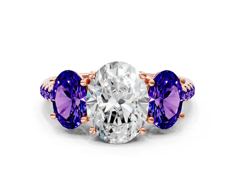 Rose gold Three-Stone Oval Cut Diamond Ring with Round with Tanzanite side stone Pavé Band and Prong Setting