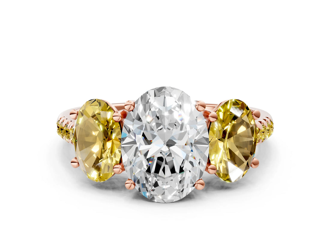 Rose gold Three-Stone Oval Cut Diamond Ring with Round with Yellow Sapphire side stone Pavé Band and Prong Setting