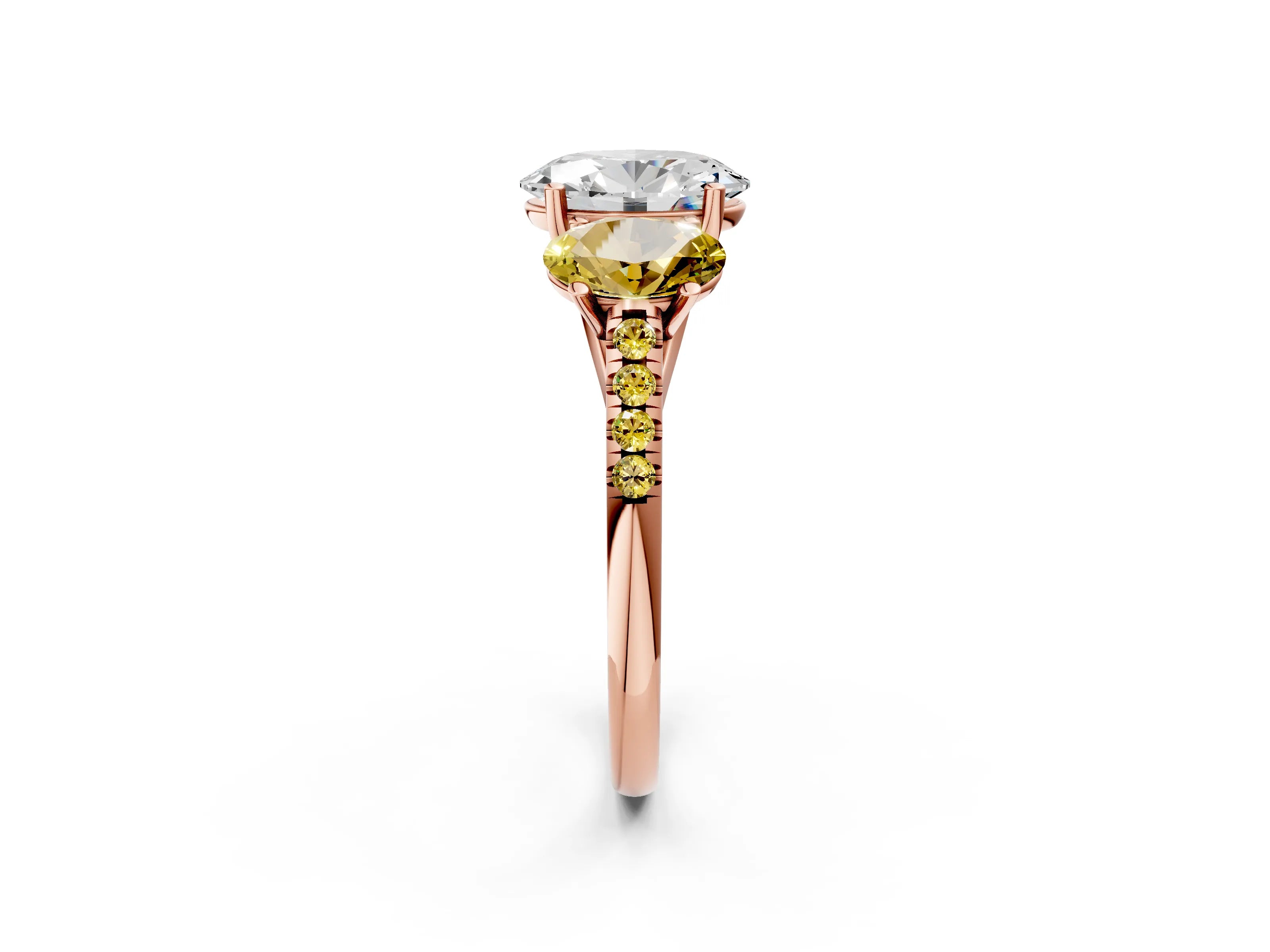 Rose gold Three-Stone Oval Cut Diamond Ring with Round with Yellow Sapphire side stone Pavé Band and Prong Setting_2
