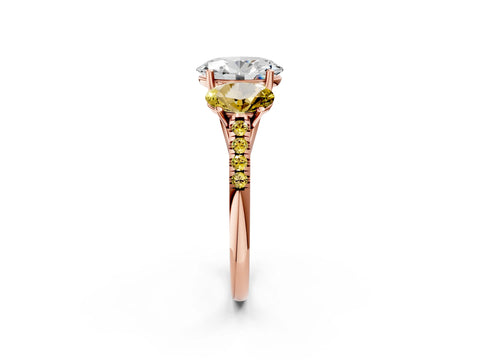 Rose gold Three-Stone Oval Cut Diamond Ring with Round with Yellow Sapphire side stone Pavé Band and Prong Setting_2