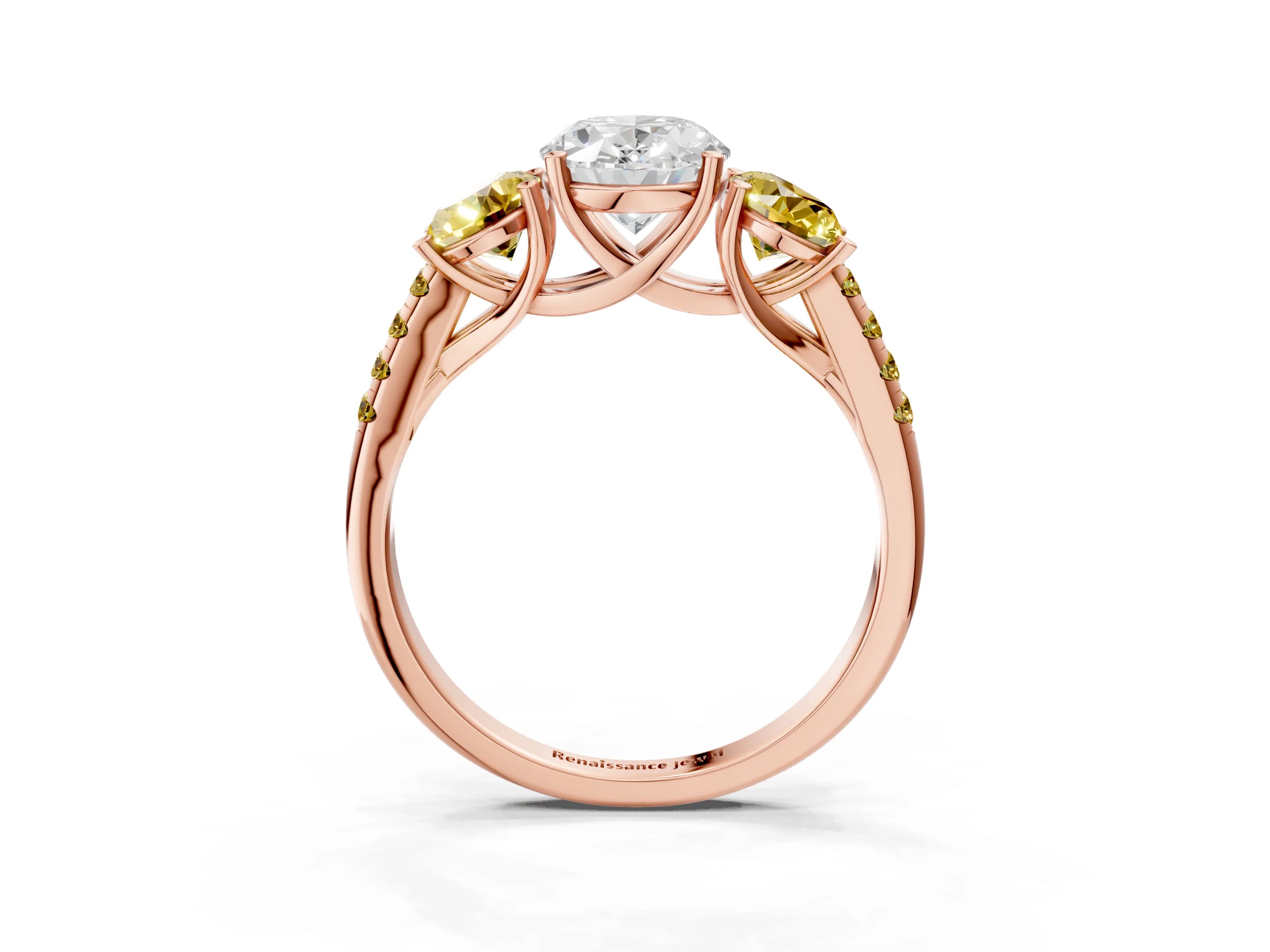 Rose gold Three-Stone Oval Cut Diamond Ring with Round with Yellow Sapphire side stone Pavé Band and Prong Setting_3