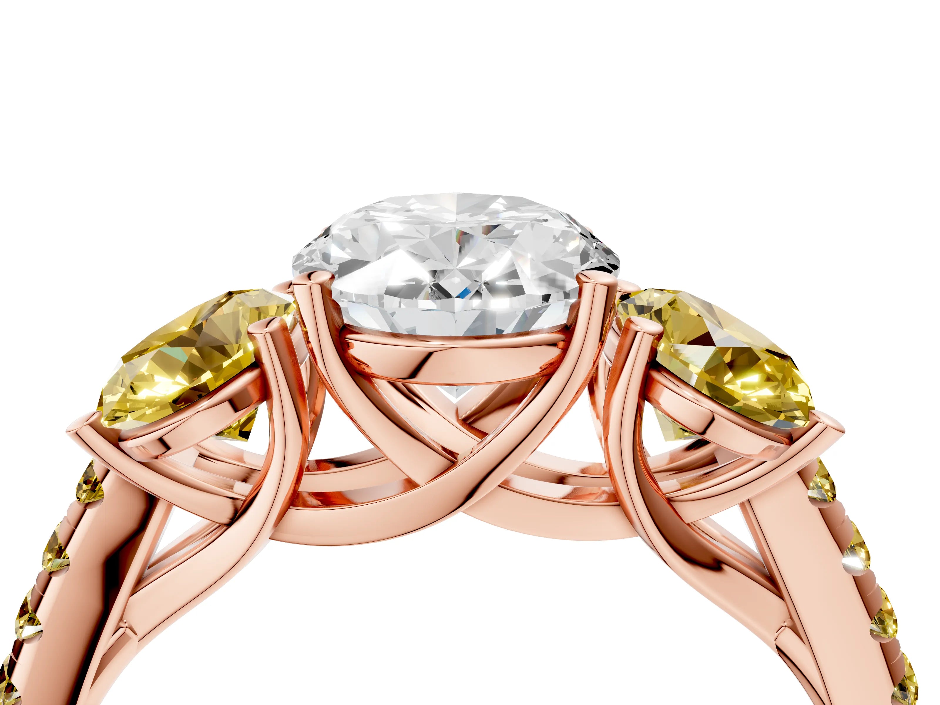 Rose gold Three-Stone Oval Cut Diamond Ring with Round with Yellow Sapphire side stone Pavé Band and Prong Setting_4