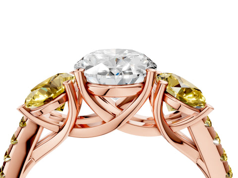 Rose gold Three-Stone Oval Cut Diamond Ring with Round with Yellow Sapphire side stone Pavé Band and Prong Setting_4