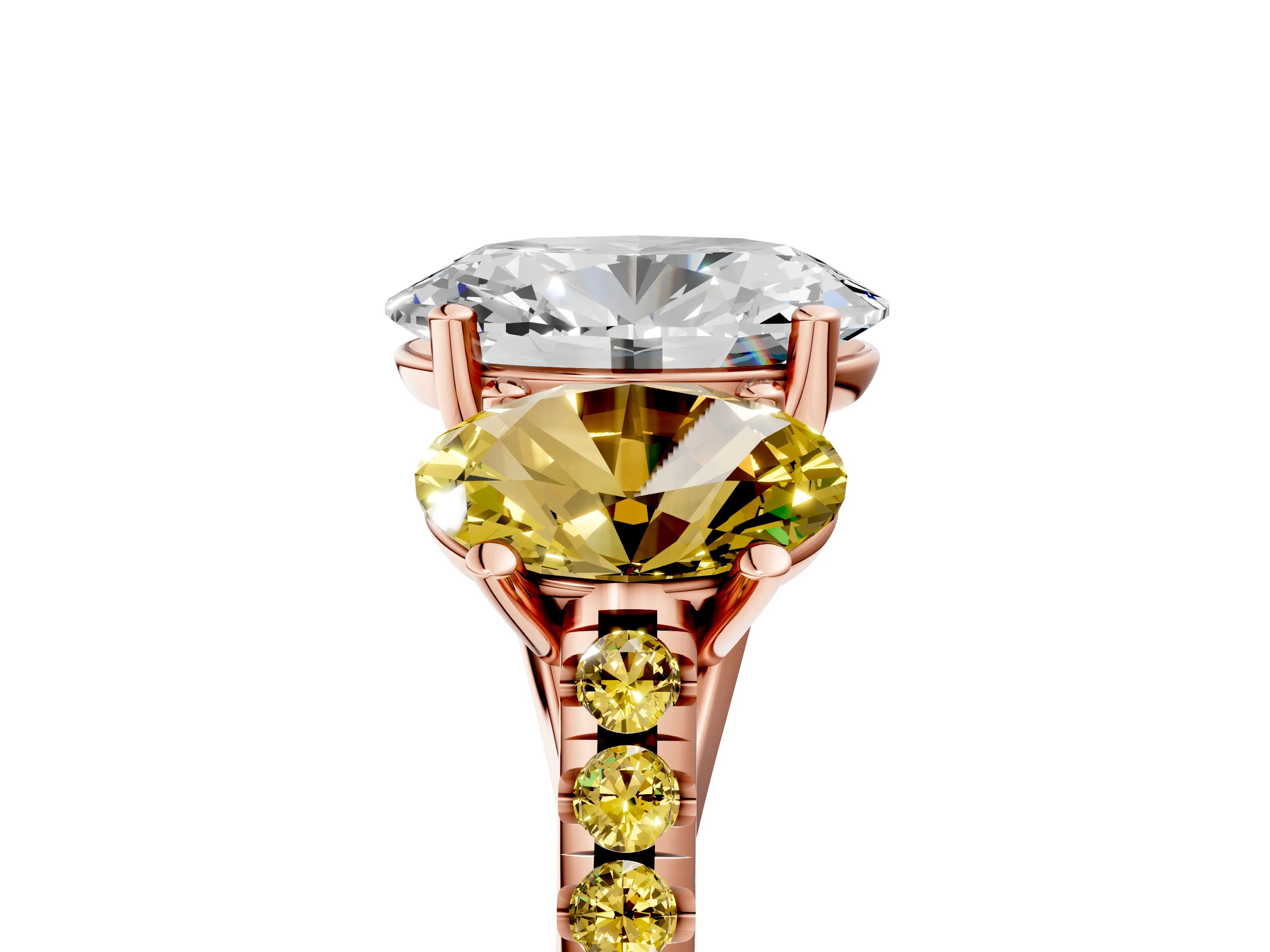 Rose gold Three-Stone Oval Cut Diamond Ring with Round with Yellow Sapphire side stone Pavé Band and Prong Setting_5