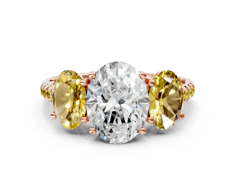 Rose gold Three-Stone Oval Cut Diamond Ring with Round with Yellow Sapphire side stone Pavé Band and Prong Setting