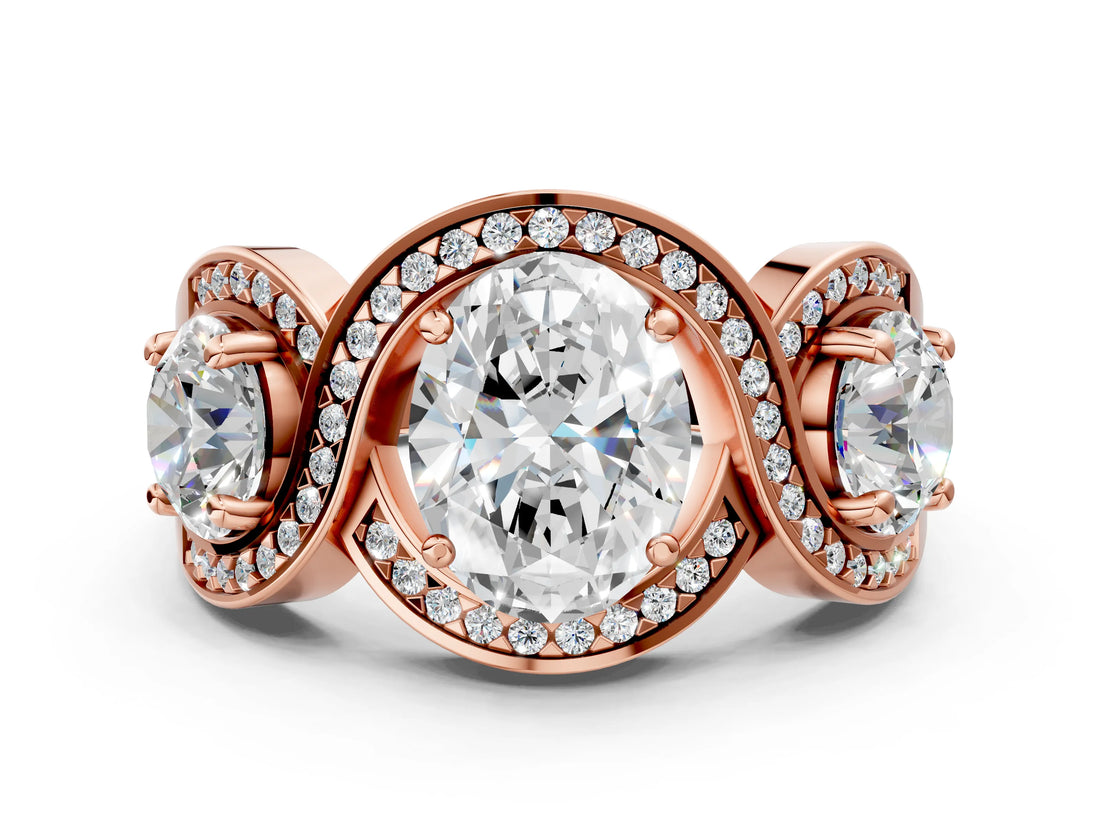 Rose gold Three-Stone Oval Cut Diamond Wave Pave Band with Prong Setting_9