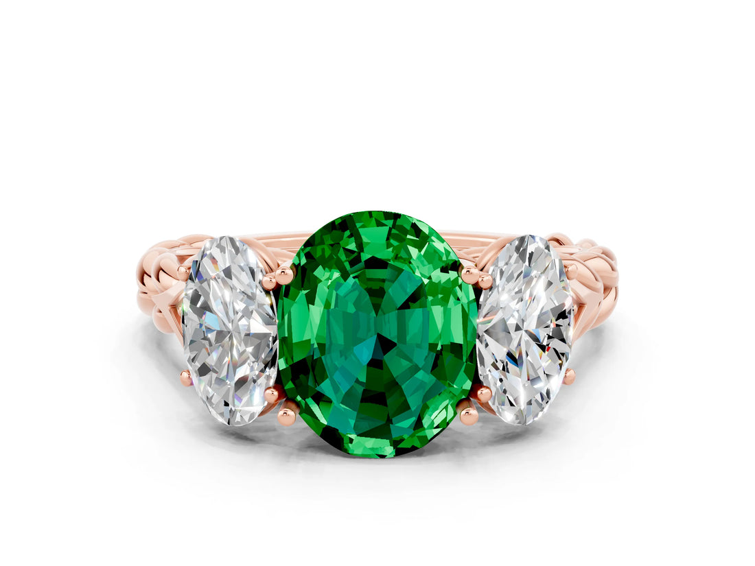 Rose gold Three-Stone Oval Cut Emerald Braided Band Ring with Four-Prong Setting_12