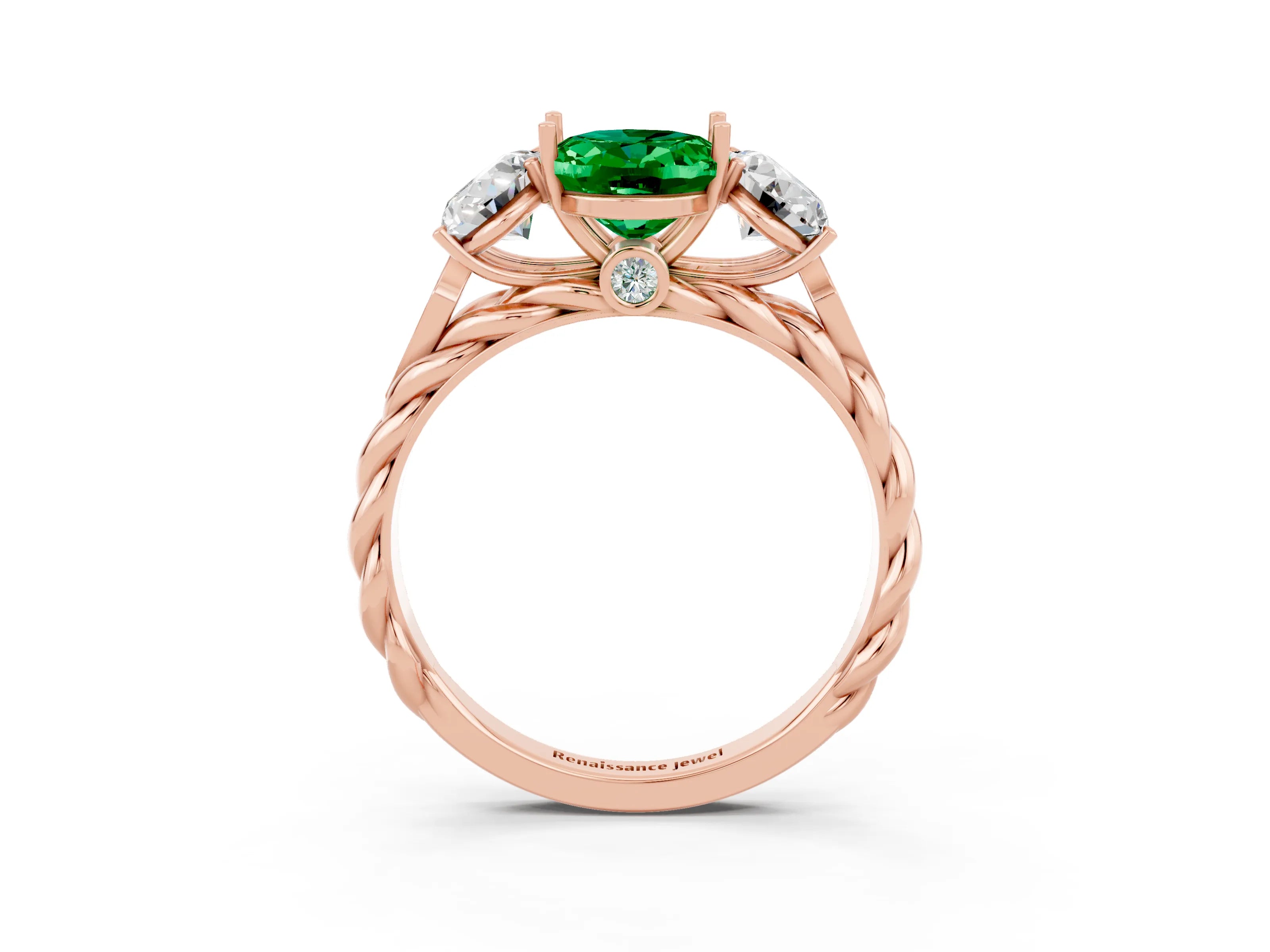 Rose gold Three-Stone Oval Cut Emerald Braided Band Ring with Four-Prong Setting_15