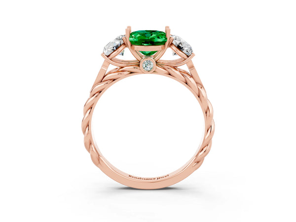 Rose gold Three-Stone Oval Cut Emerald Braided Band Ring with Four-Prong Setting