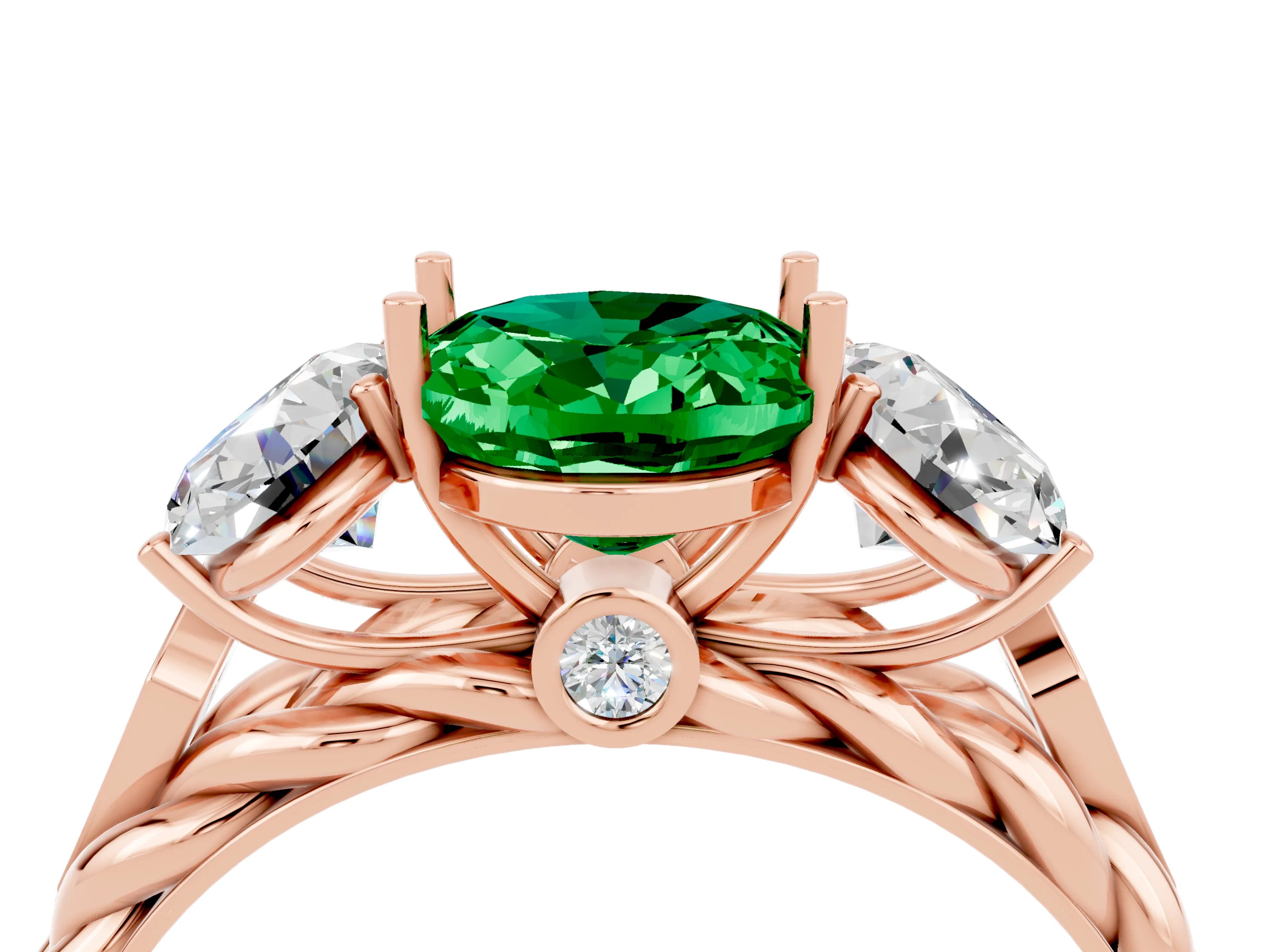 Rose gold Three-Stone Oval Cut Emerald Braided Band Ring with Four-Prong Setting_16