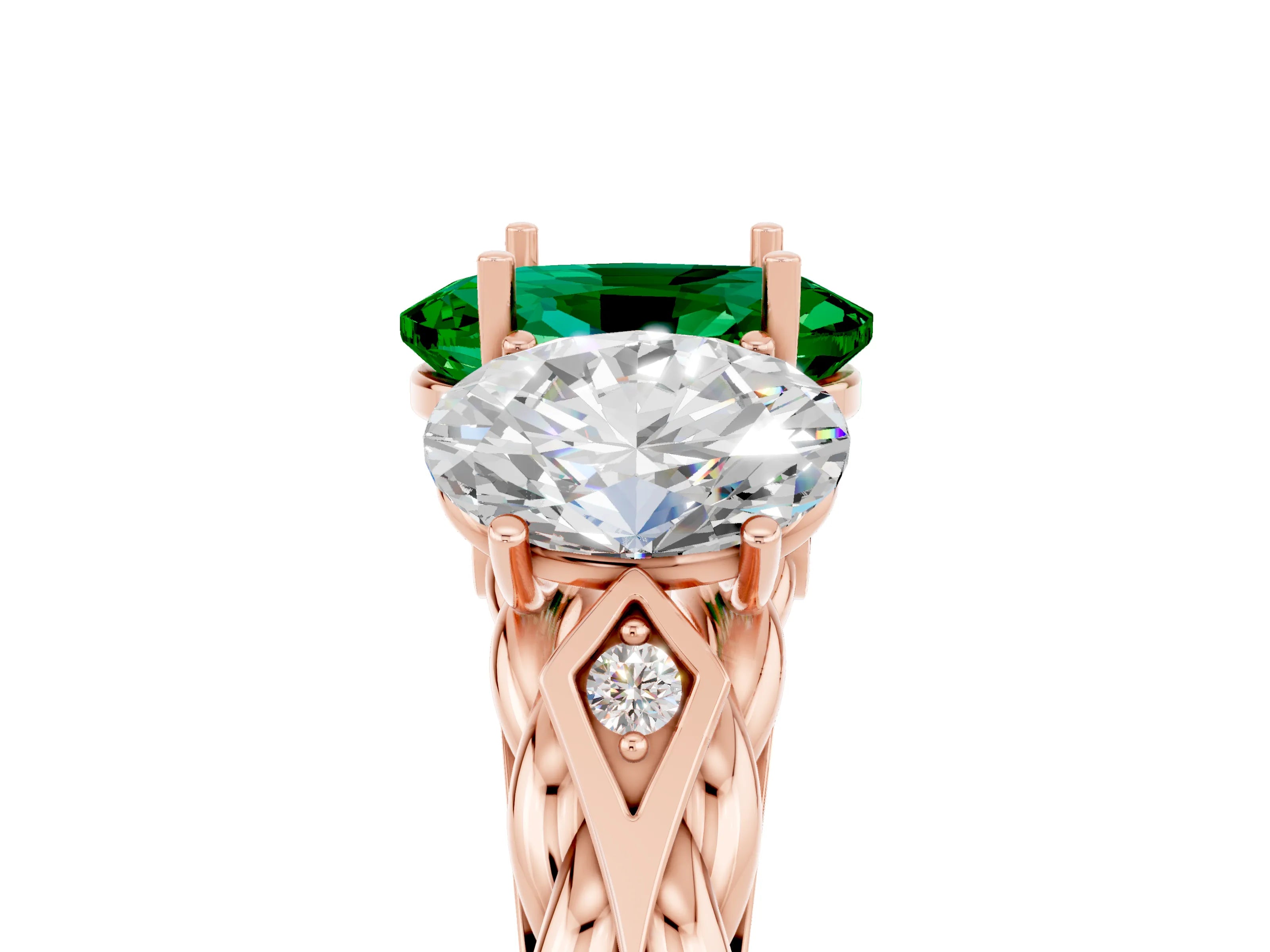 Rose gold Three-Stone Oval Cut Emerald Braided Band Ring with Four-Prong Setting_17