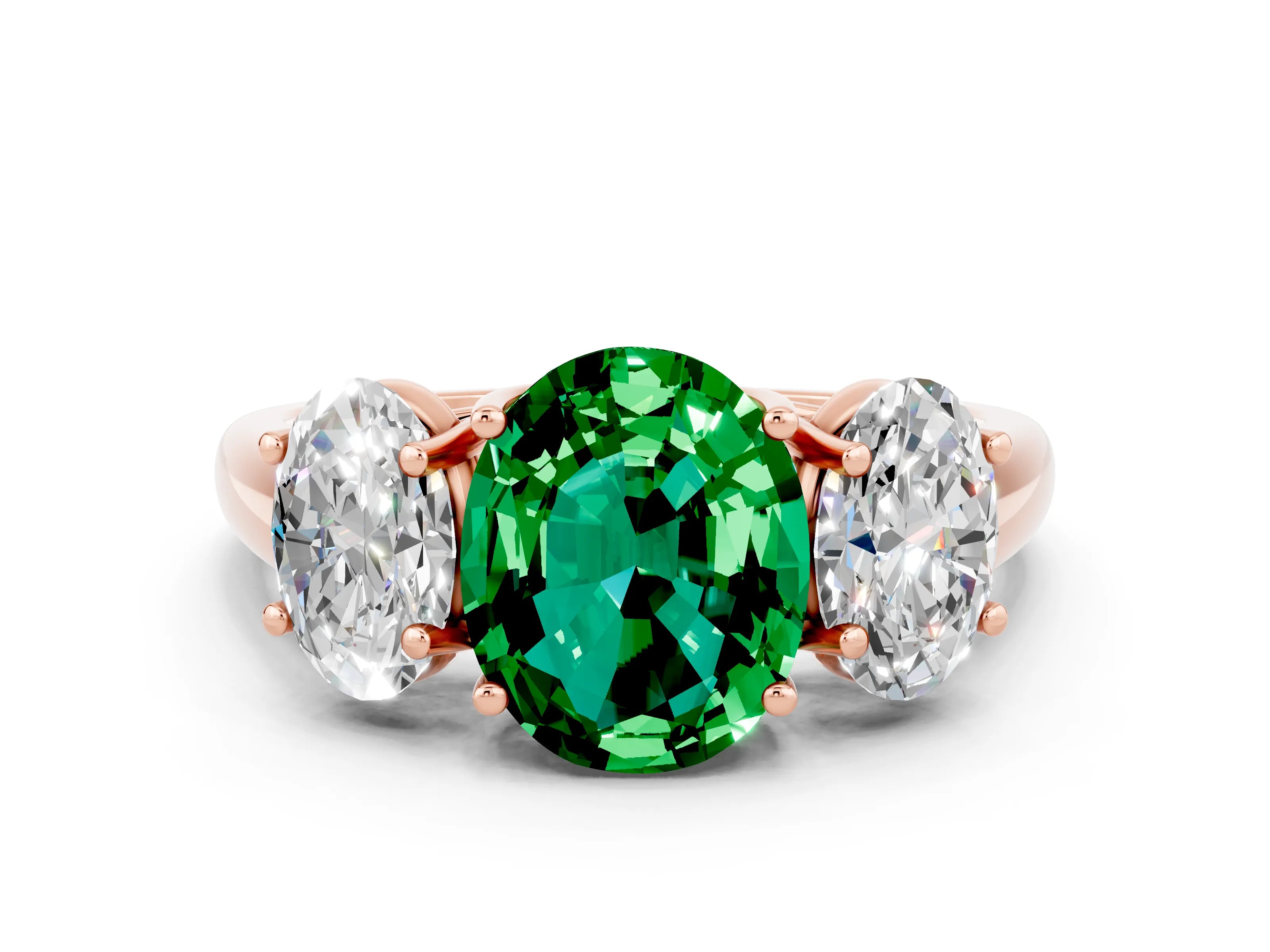 Rose gold Three-Stone Oval Cut Emerald Engagement Ring with Prong Setting