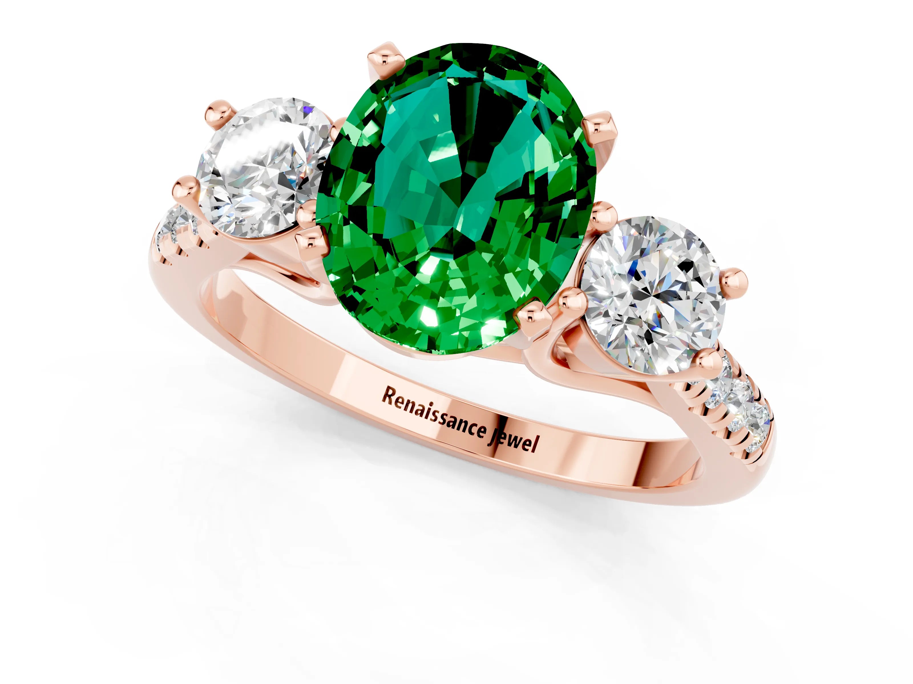 Rose gold Three-Stone Oval Cut Emerald Pavé Band with Four-Prong Setting_1