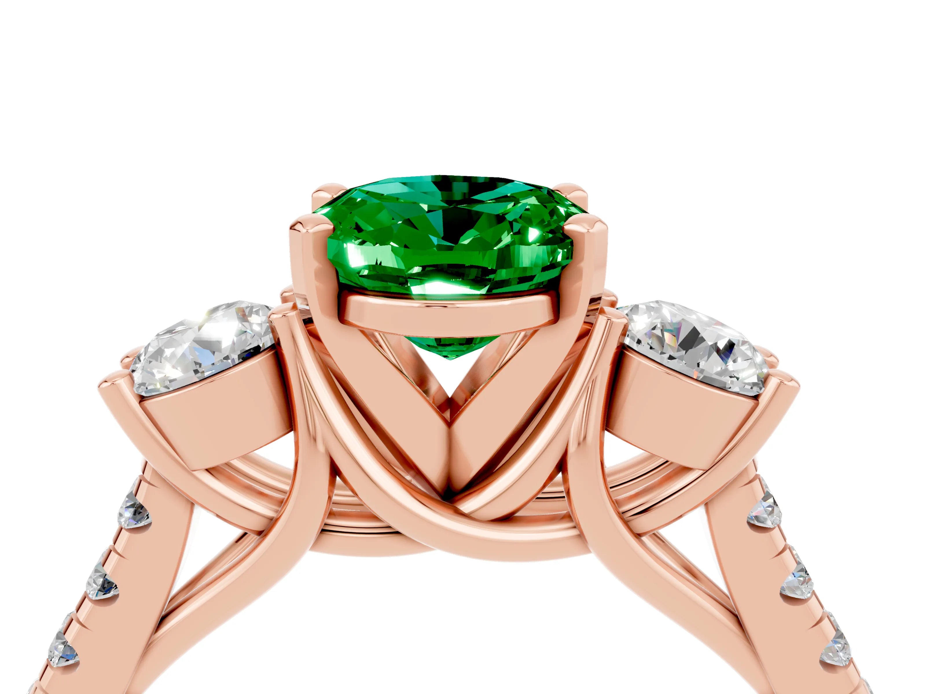 Rose gold Three-Stone Oval Cut Emerald Pavé Band with Four-Prong Setting_4