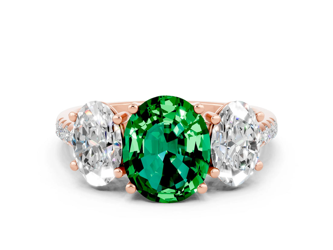 Rose gold Three-Stone Oval Cut Emerald Ring with Pavé Band and Prong Setting_12