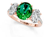 Rose gold Three-Stone Oval Cut Emerald Ring with Pavé Band and Prong Setting_13