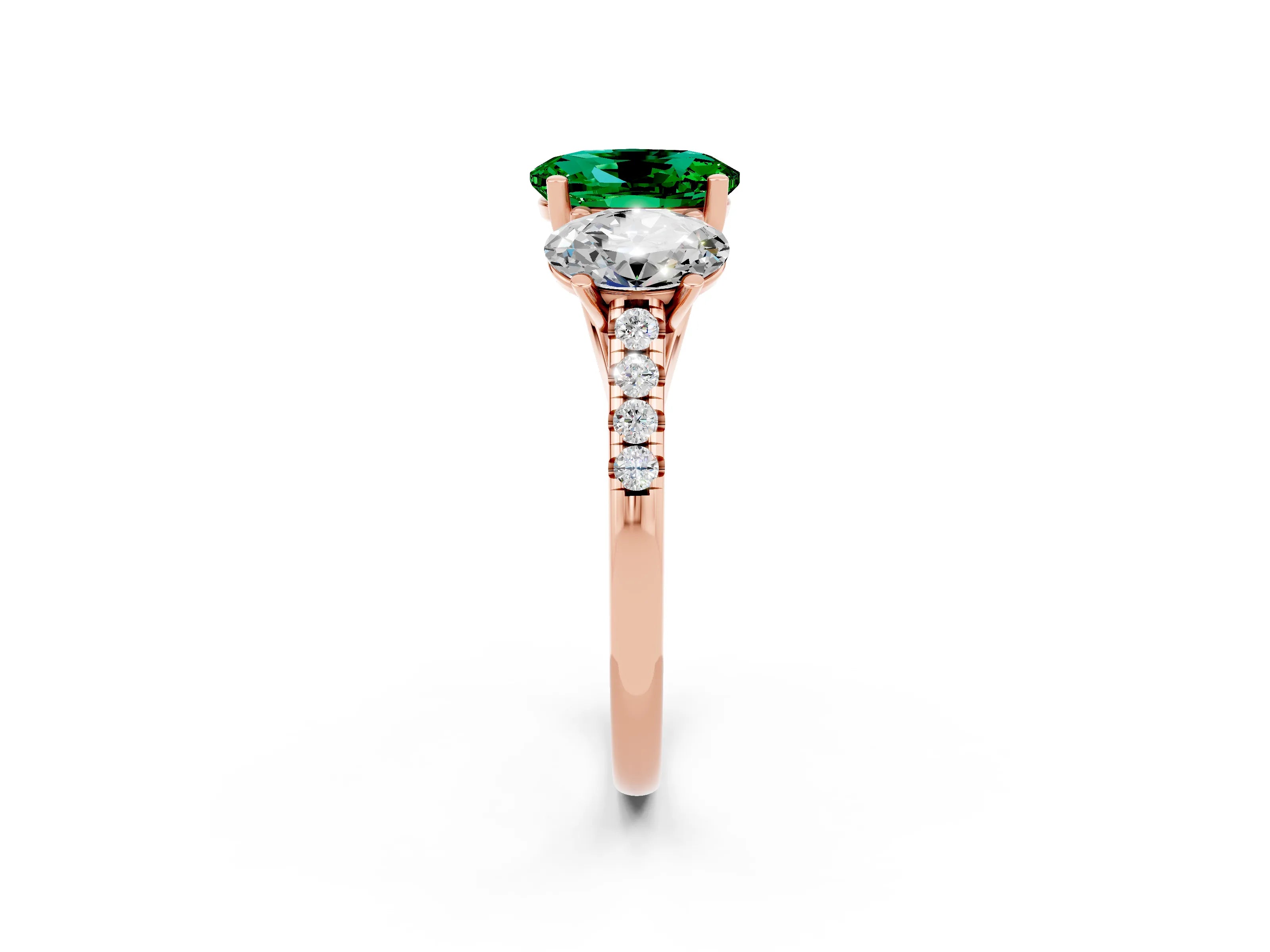 Rose gold Three-Stone Oval Cut Emerald Ring with Pavé Band and Prong Setting_14
