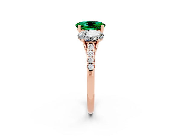 Rose gold Three-Stone Oval Cut Emerald Ring with Round  Pavé Band and Prong Setting