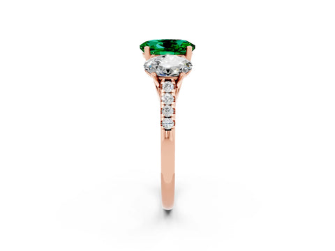 Rose gold Three-Stone Oval Cut Emerald Ring with Pavé Band and Prong Setting_14