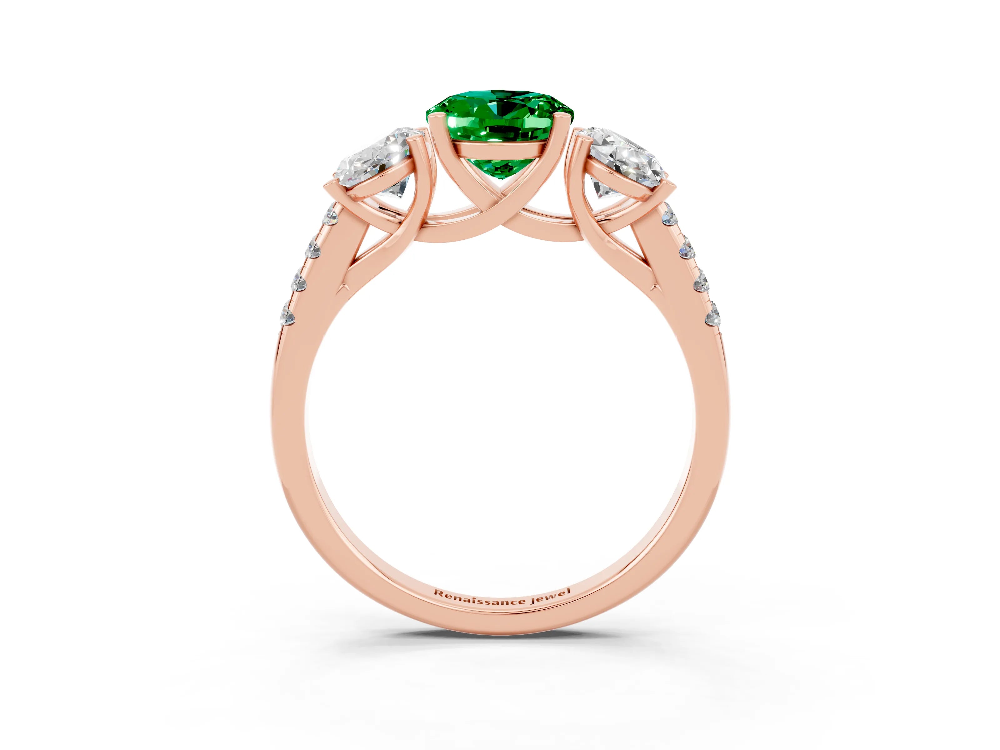 Rose gold Three-Stone Oval Cut Emerald Ring with Pavé Band and Prong Setting_15