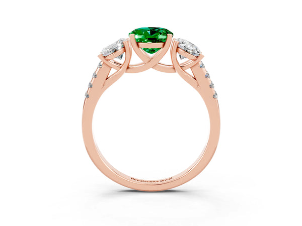Rose gold Three-Stone Oval Cut Emerald Ring with Round  Pavé Band and Prong Setting
