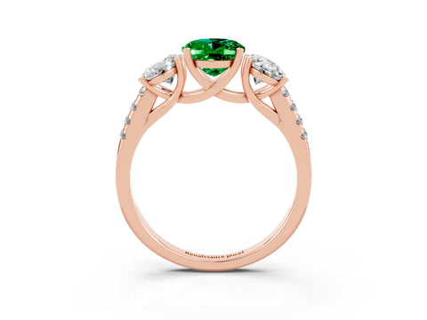Rose gold Three-Stone Oval Cut Emerald Ring with Pavé Band and Prong Setting_15