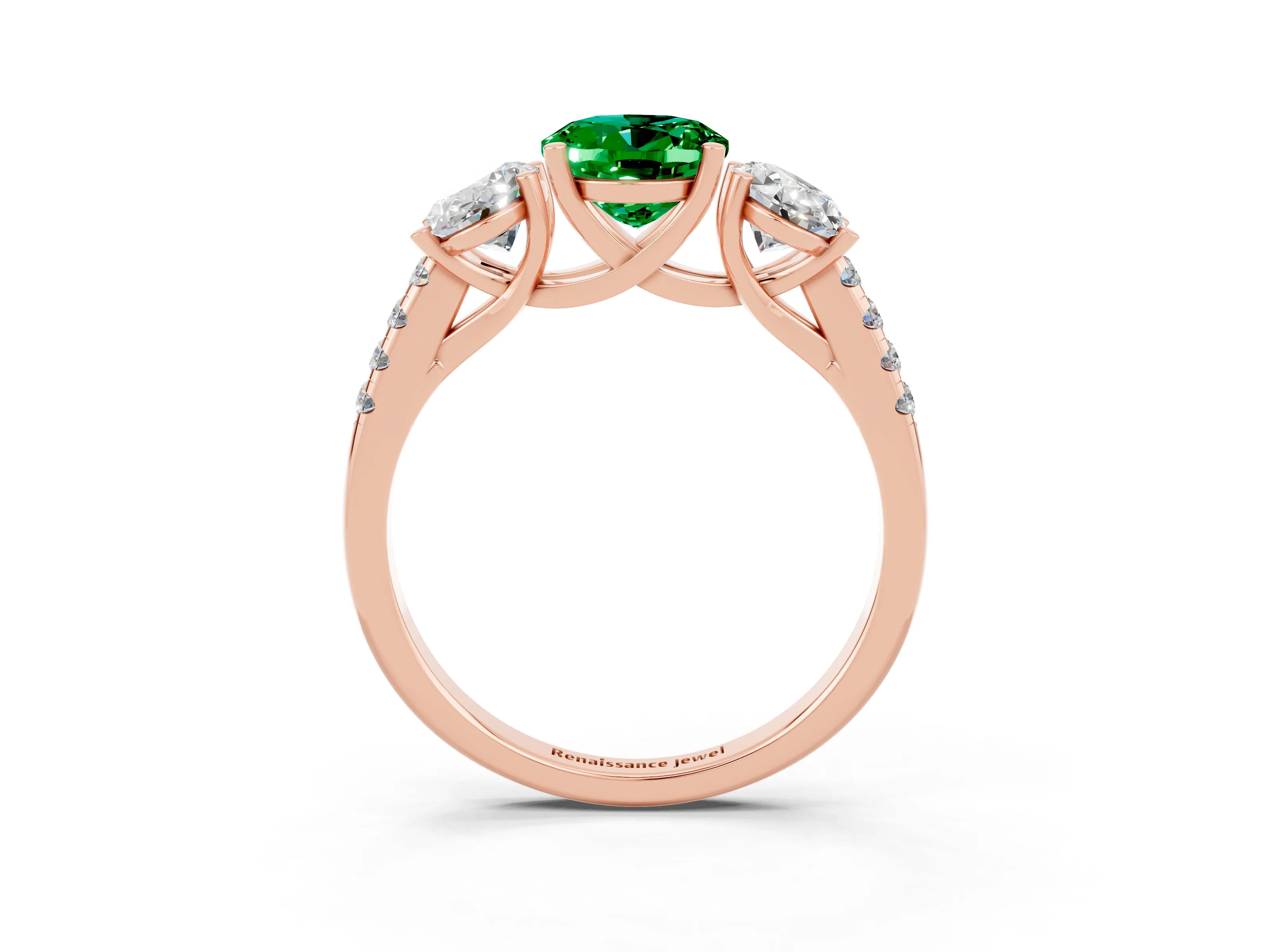 Rose gold Three-Stone Oval Cut Emerald Ring with Pavé Band and Prong Setting_16