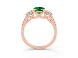 Rose gold Three-Stone Oval Cut Emerald Ring with Pavé Band and Prong Setting_16