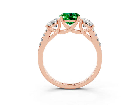 Rose gold Three-Stone Oval Cut Emerald Ring with Pavé Band and Prong Setting_16