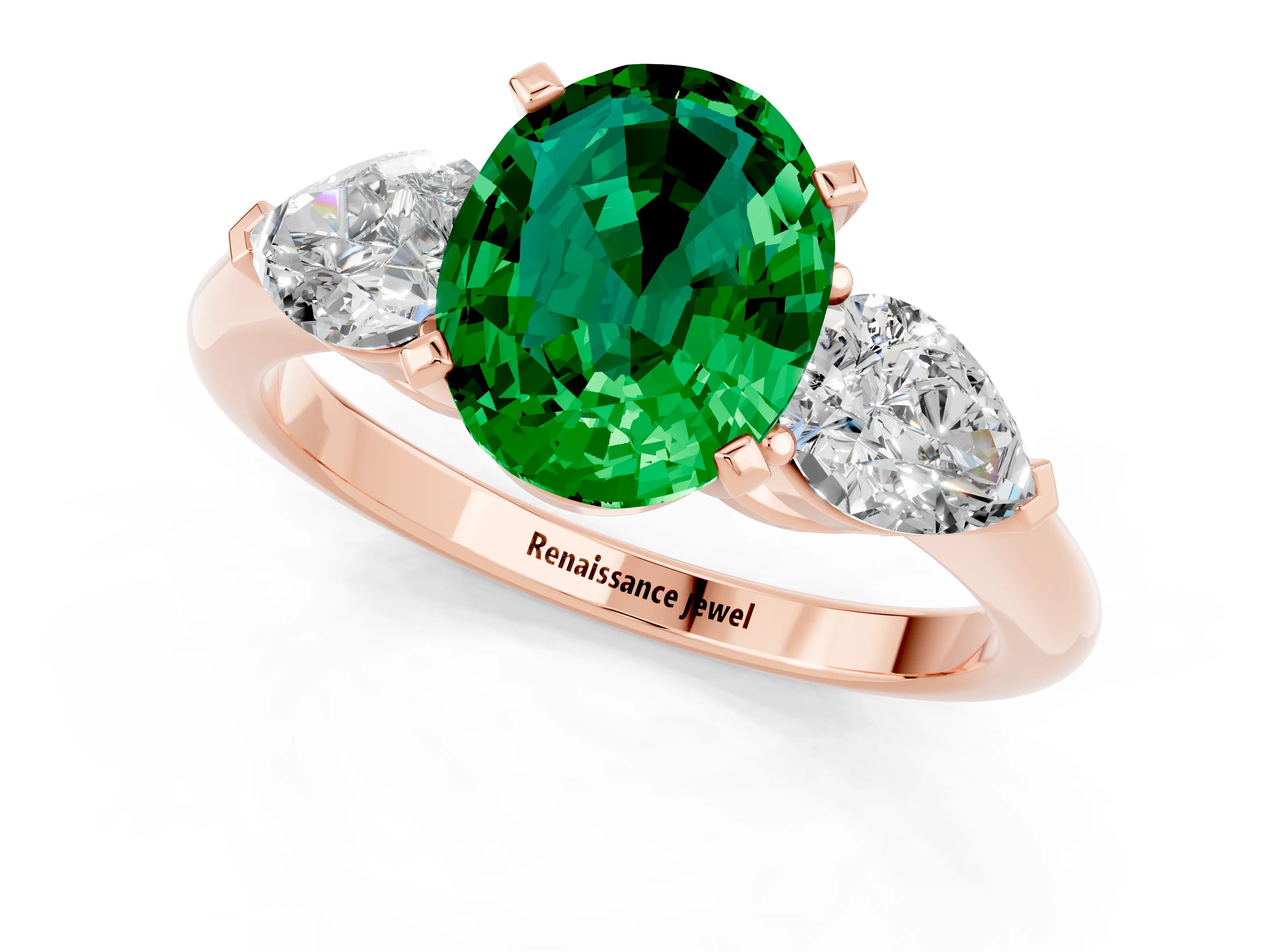 Rose gold Three-Stone Oval Cut Emerald Ring with Pear Side Stones and Four-Prong Setting_1