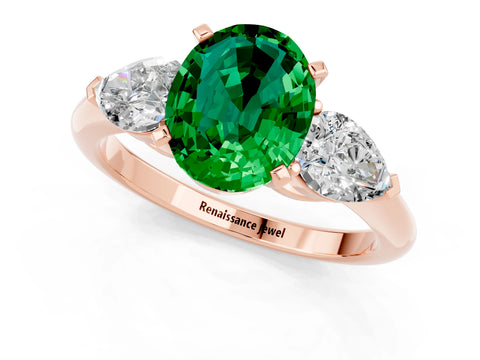 Rose gold Three-Stone Oval Cut Emerald Ring with Pear Side Stones and Four-Prong Setting_1