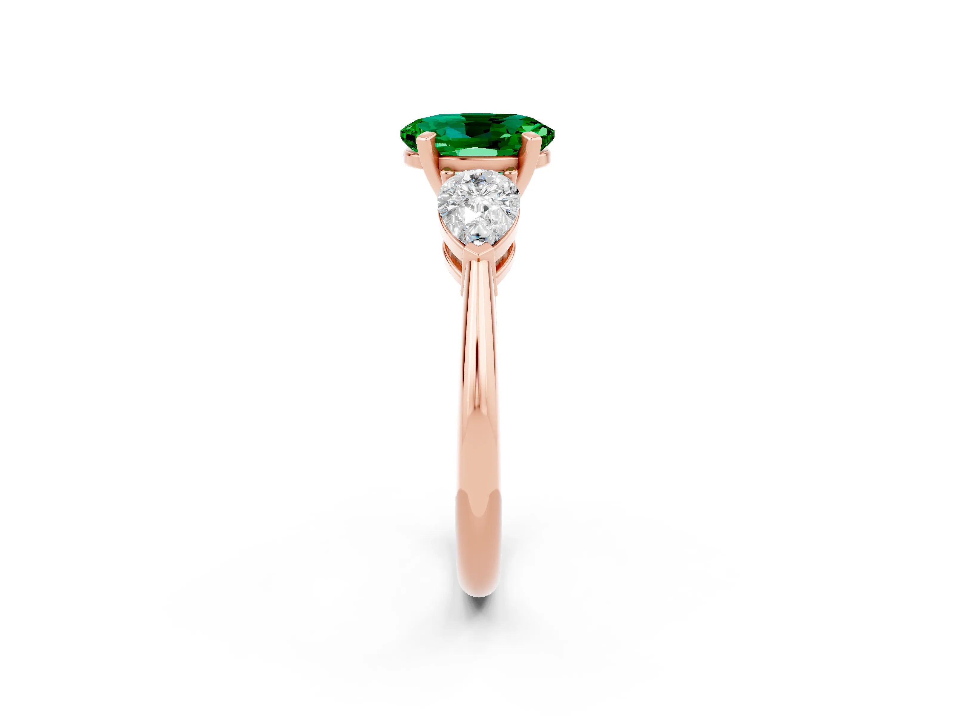 Rose gold Three-Stone Oval Cut Emerald Ring with Pear Side Stones and Four-Prong Setting_2