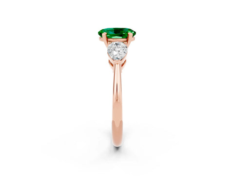 Rose gold Three-Stone Oval Cut Emerald Ring with Pear Side Stones and Four-Prong Setting_2