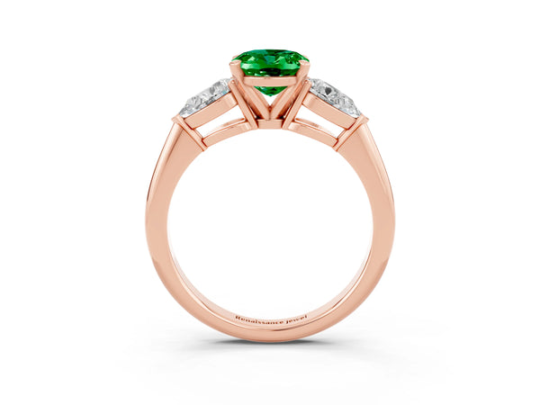 Rose gold Three-Stone Oval Cut Emerald Ring with Pear Side Stones and Four-Prong Setting