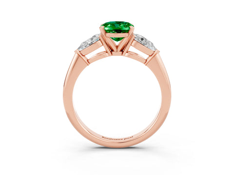 Rose gold Three-Stone Oval Cut Emerald Ring with Pear Side Stones and Four-Prong Setting_3