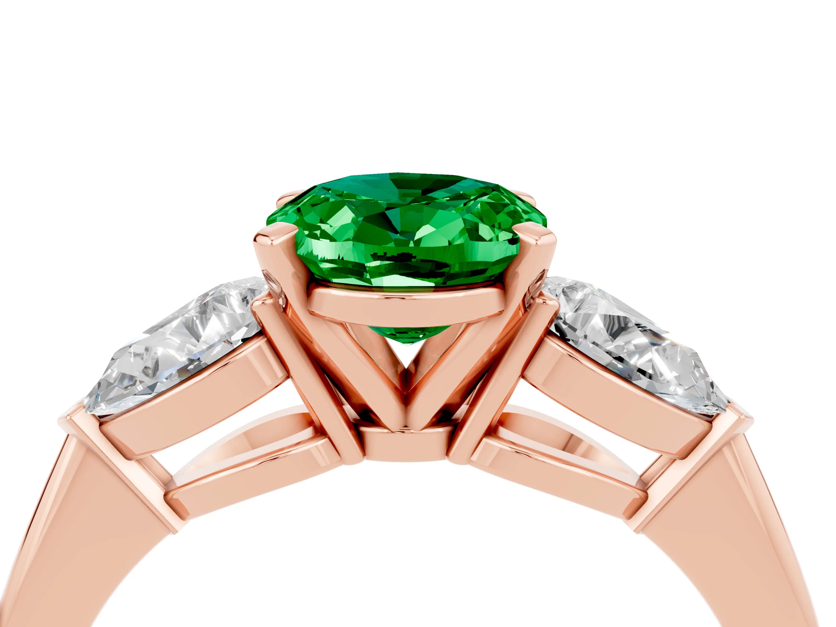 Rose gold Three-Stone Oval Cut Emerald Ring with Pear Side Stones and Four-Prong Setting_4
