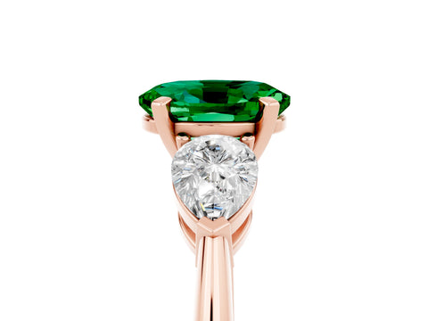Rose gold Three-Stone Oval Cut Emerald Ring with Pear Side Stones and Four-Prong Setting_5