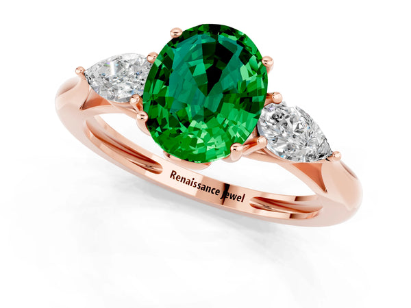 Rose gold Three-Stone Oval Cut Emerald Ring with Pear  Side Stones in Four-Prong Setting