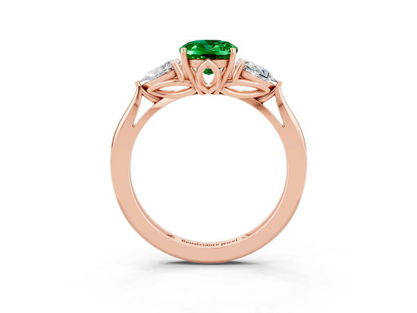 Rose gold Three-Stone Oval Cut Emerald Ring with Pear  Side Stones in Four-Prong Setting