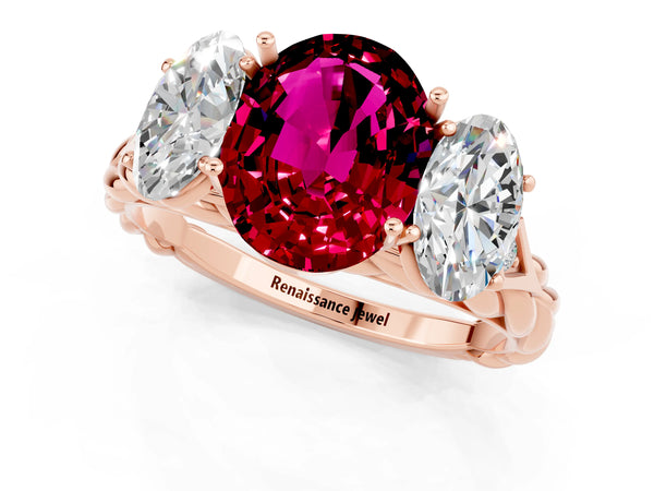Rose gold Three-Stone Oval Cut Garnet Braided Band Ring with Four-Prong Setting