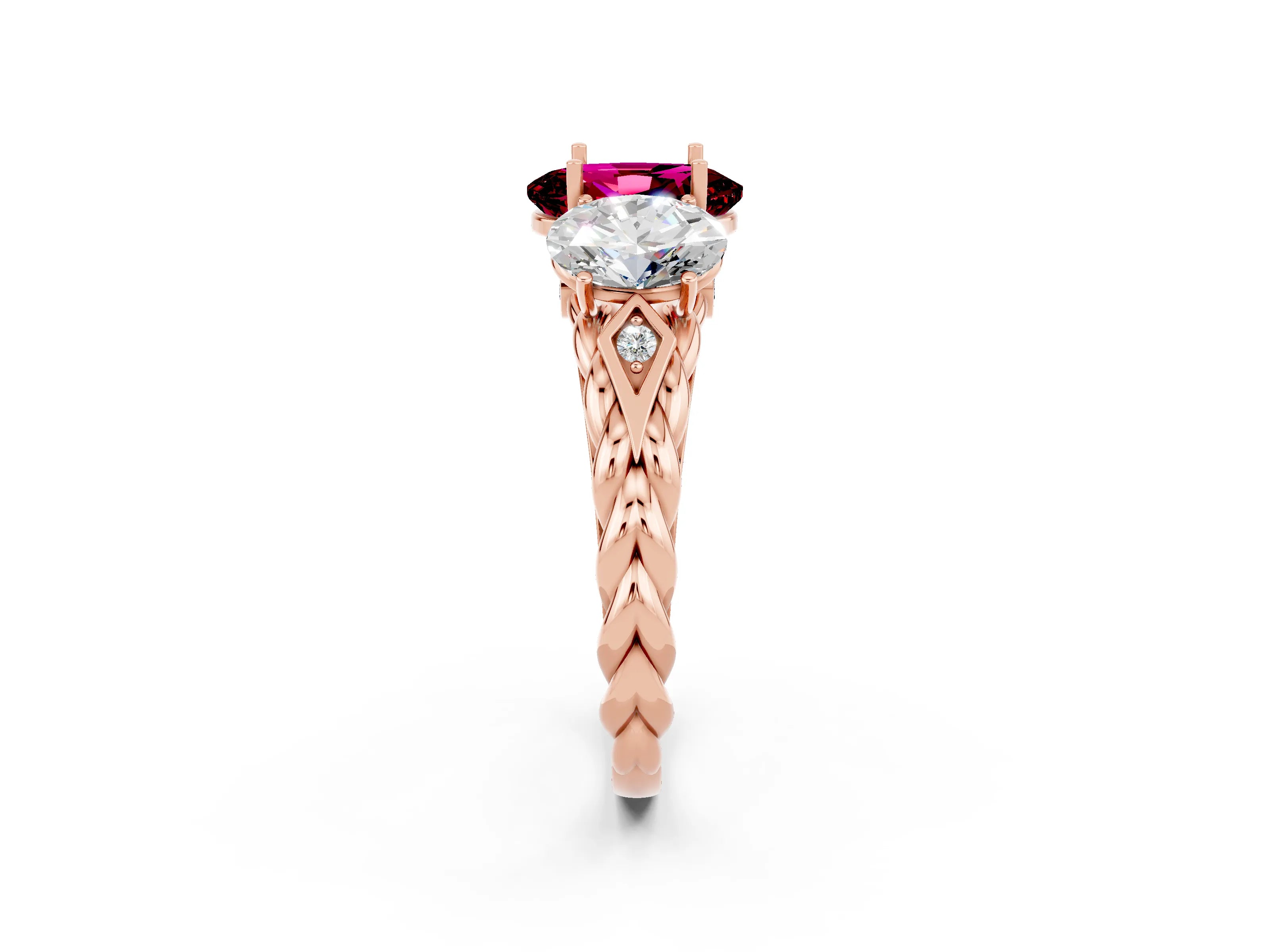 Rose gold Three-Stone Oval Cut Garnet Braided Band Ring with Four-Prong Setting_14