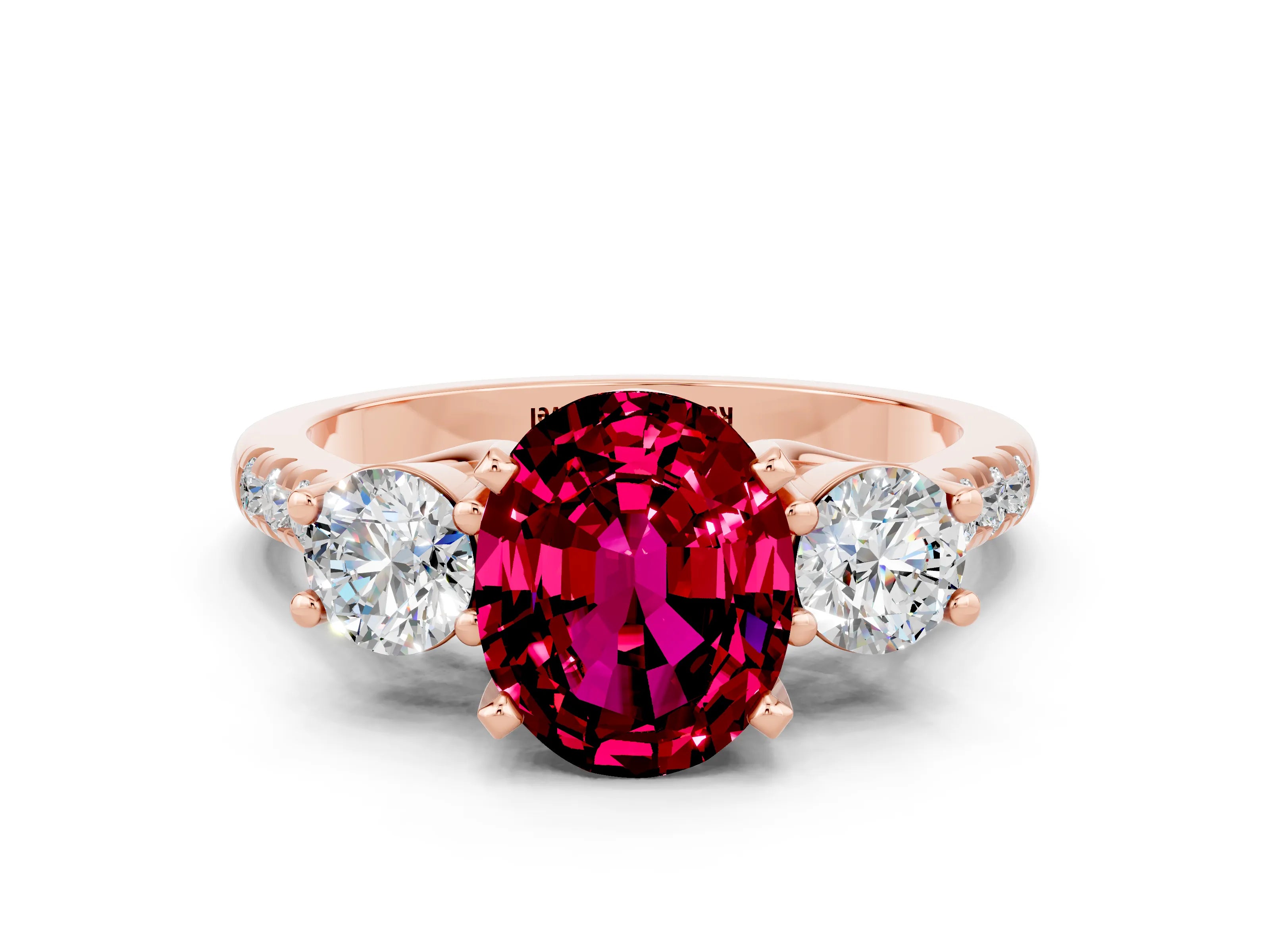 Rose gold Three-Stone Oval Cut Garnet Pavé Band with Four-Prong Setting
