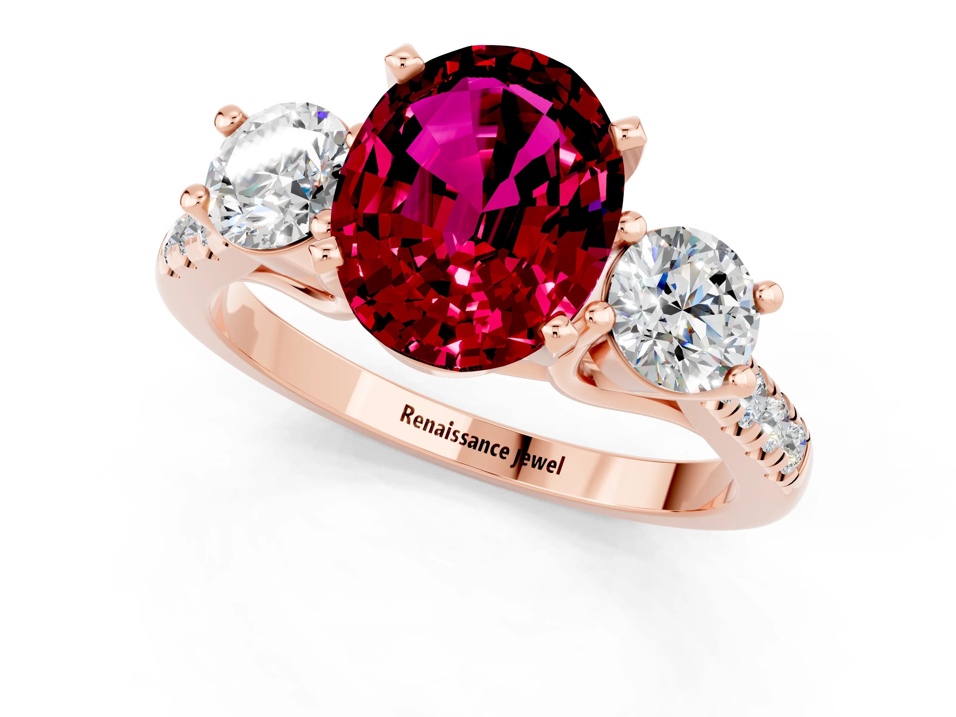 Rose gold Three-Stone Oval Cut Garnet Pavé Band with Four-Prong Setting_1