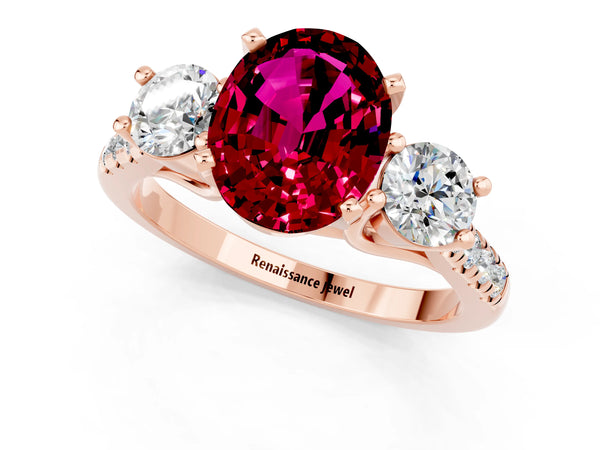 Rose gold Three-Stone Oval Cut Garnet Pavé Band with Four-Prong Setting
