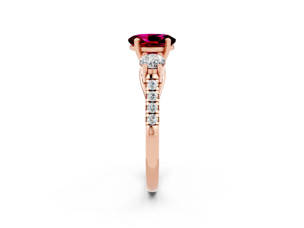 Rose gold Three-Stone Oval Cut Garnet Pavé Band with Four-Prong Setting