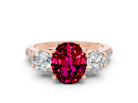Rose gold Three-Stone Oval Cut Garnet Pavé Band with Four-Prong Setting