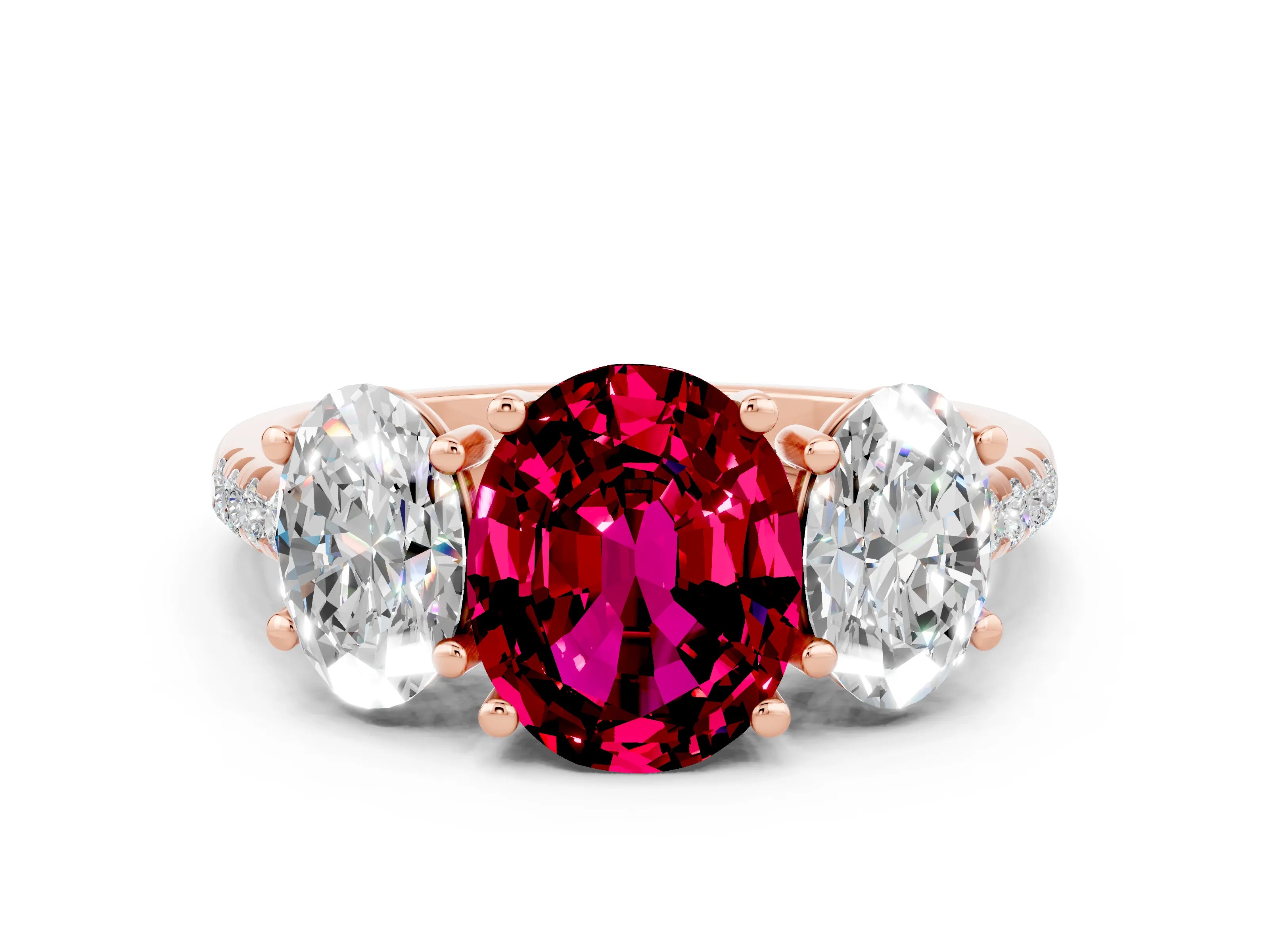 Rose gold Three-Stone Oval Cut Garnet Ring with Pavé Band and Prong Setting_12
