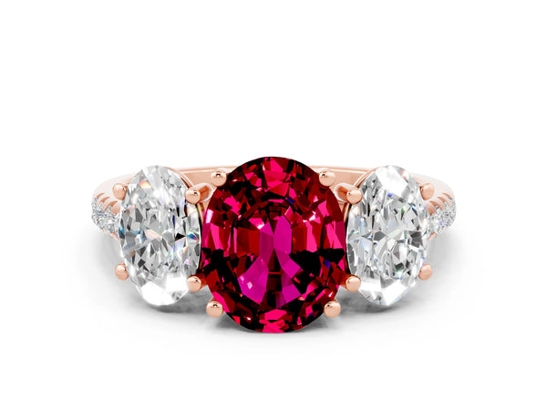 Rose gold Three-Stone Oval Cut Garnet Ring with Round  Pavé Band and Prong Setting