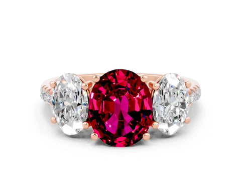 Rose gold Three-Stone Oval Cut Garnet Ring with Pavé Band and Prong Setting_12